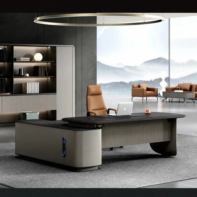 Verum desk beneath a brass halo in a mountain office