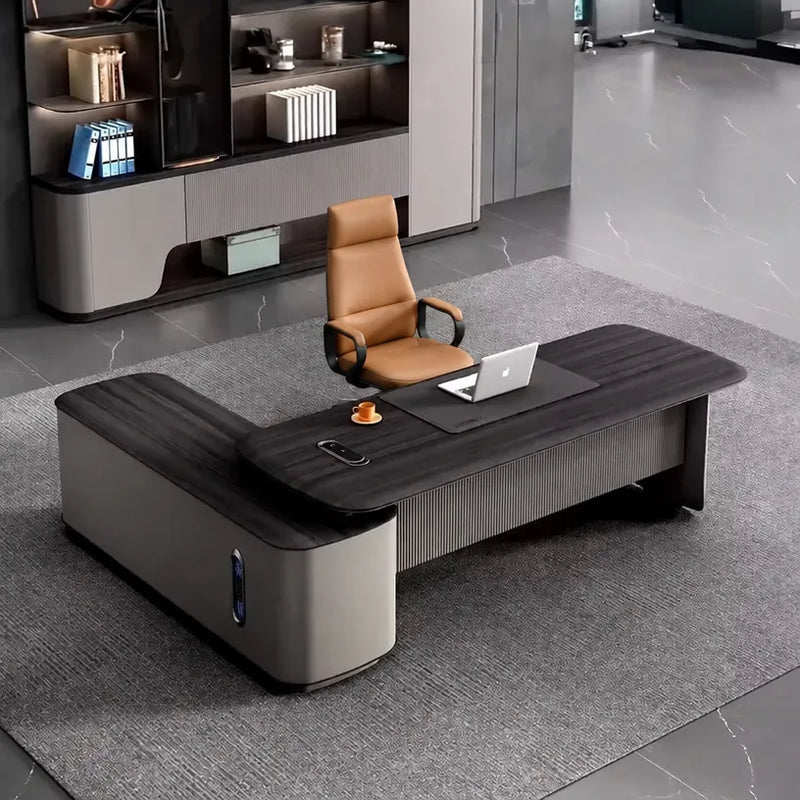 Verum desk, right return, overhead on gray carpet