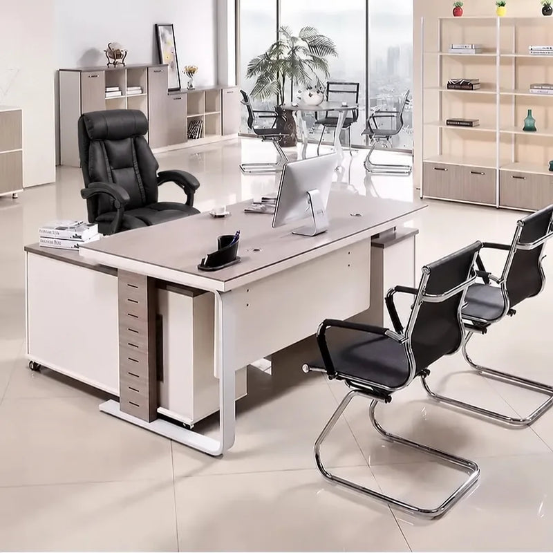 Vesper desk with two guest chairs in a beige office