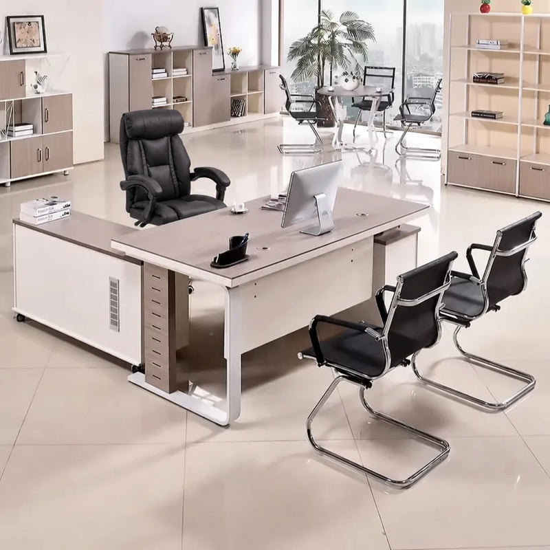 Vesper desk, side cabinet return, mesh chairs waiting