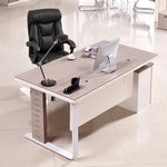 Vesper desk with black desk lamp and monitor, front angle