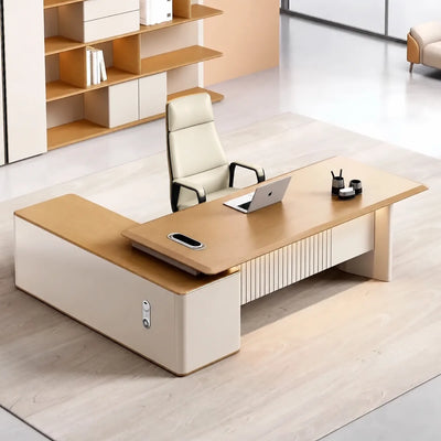 Vesta desk, right return, in a golden shelf-lined office