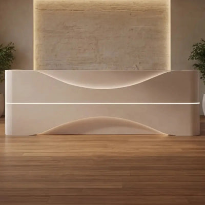 Nerielle desk before a backlit travertine wall in a spa