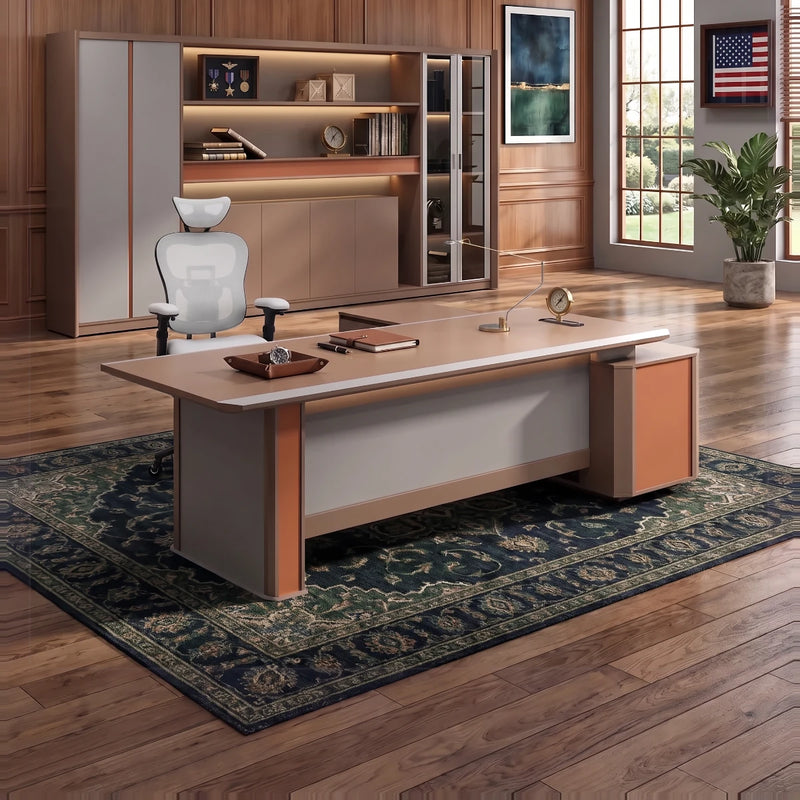 Walsh desk in cognac and gray in a night-city office