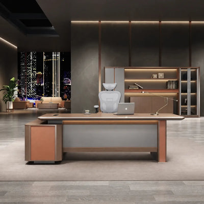Walsh desk, right return, dark paneling and city lights