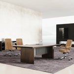 Westmere executive conference table with three tan chairs facing a wall-mounted screen