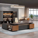Wilcroft grand desk in a skyline office with lit shelf wall