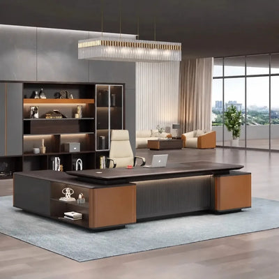 Wilcroft grand desk in a skyline office with lit shelf wall