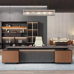 Wilcroft desk beneath a crystal bar chandelier, sofas behind