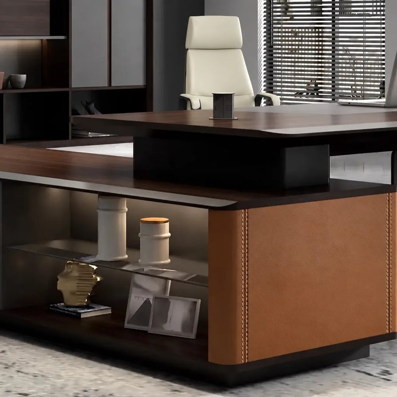 Wilcroft leather-stitched return with display shelf, close view
