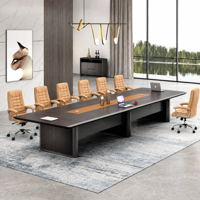 Winslow grand boardroom table, 15′9″ or 19′8″ (189 or 236 inches), with orange chairs beside a stone wall and lake view