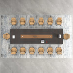 Top-down view of the Winslow conference table seating 14 in orange chairs, cognac center panel with power modules