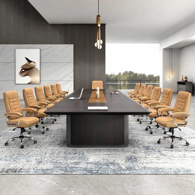Winslow large conference table seating 12 in orange leather chairs on a pale blue rug