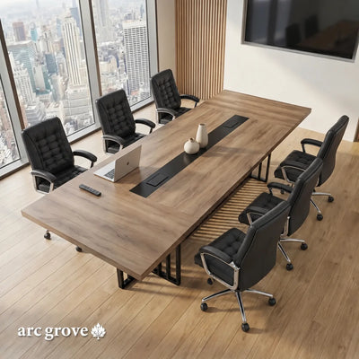 Wright conference table with black leather chairs and a laptop beside floor-to-ceiling city windows