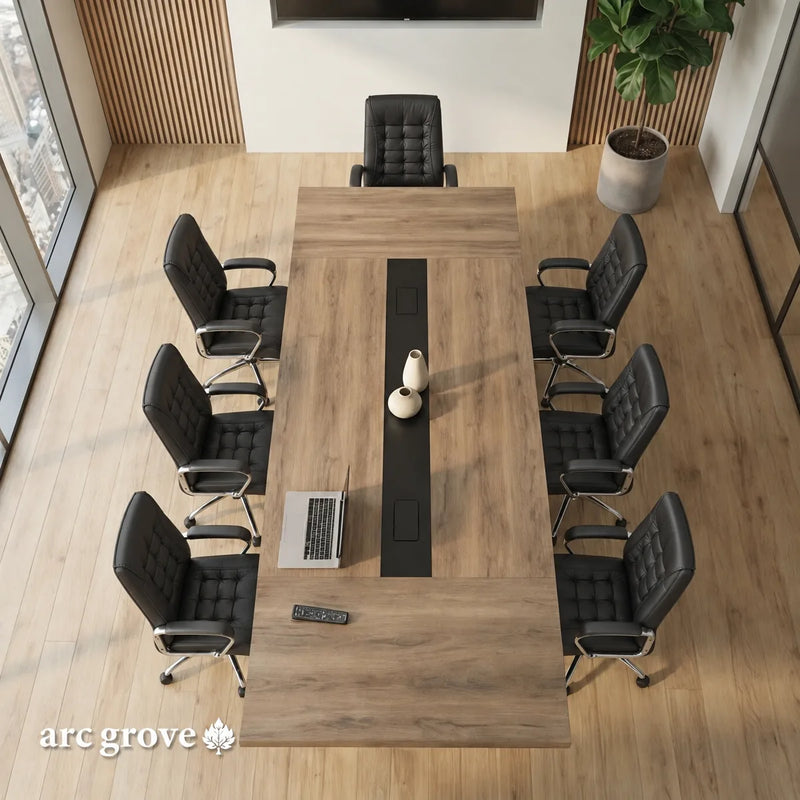Overhead view of the Wright meeting table seating 8 with a laptop and vase on the black cable strip