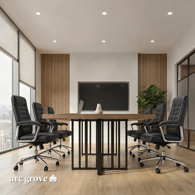 Wright meeting room table with black chairs facing a wall-mounted screen, slatted metal base visible