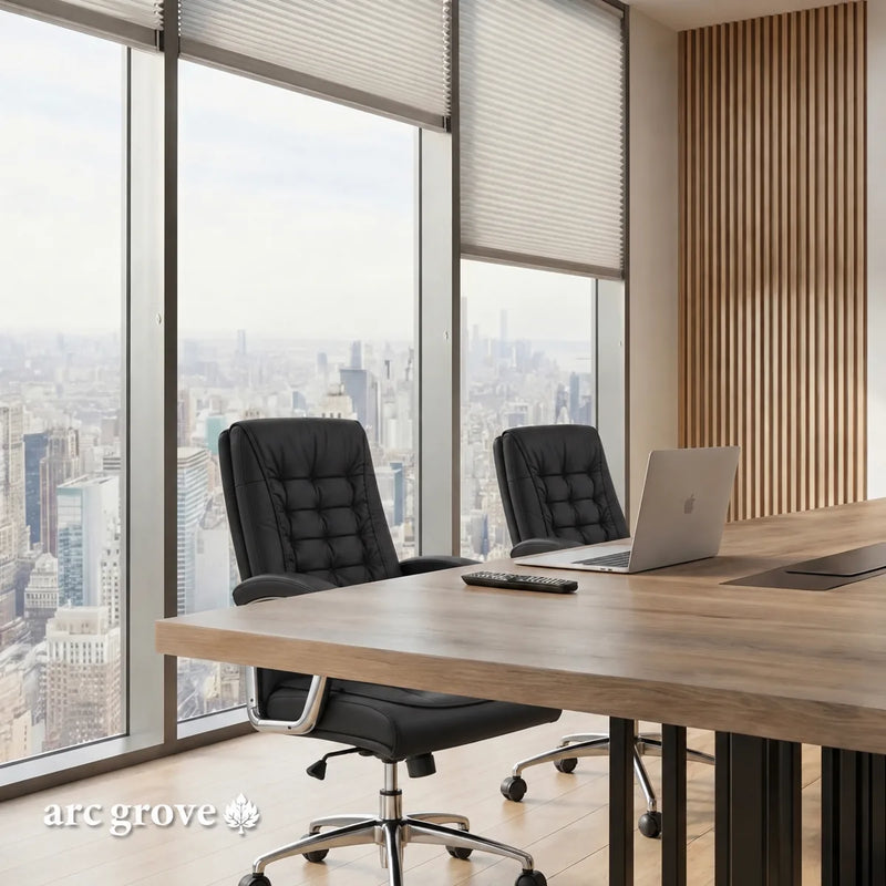 Wright tabletop close up with a laptop and black chairs by a city window