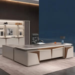 Wynn desk, right return, in an espresso-walled office