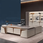 Wynn desk, left return, ivory pedestals with copper fins