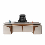 Wynn desk front-on, fin-accented pedestals on white