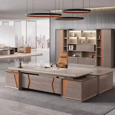York desk in a city office beneath triple ring pendants