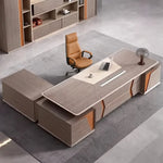 York desk, right return, laptop and grinder on top