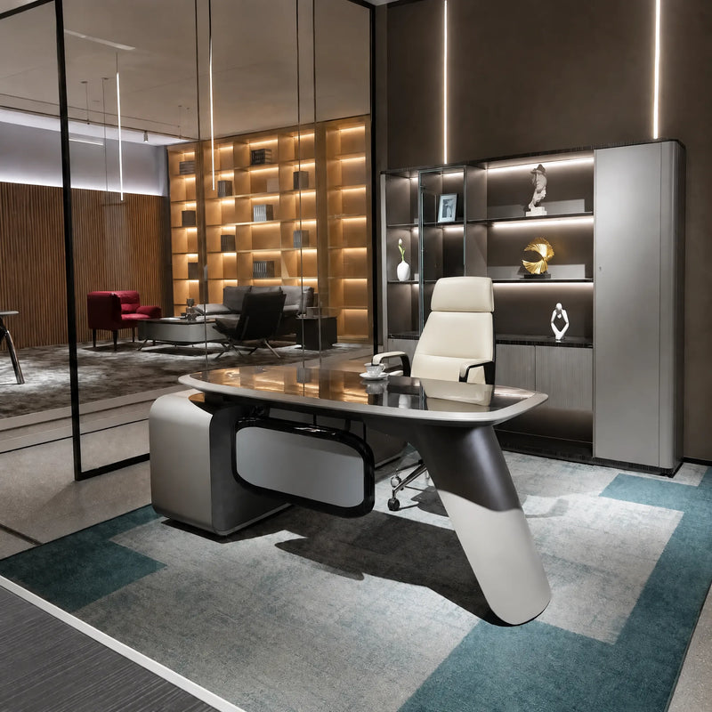 Zevran desk in a lit library office with white chair