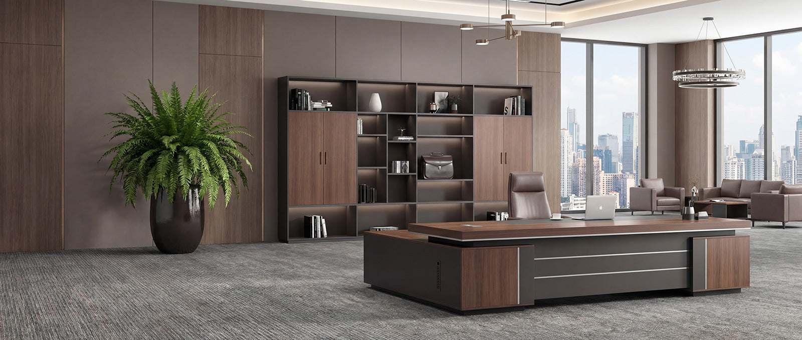 Modern executive office with a walnut L-shaped desk, matching shelving, and floor-to-ceiling city views